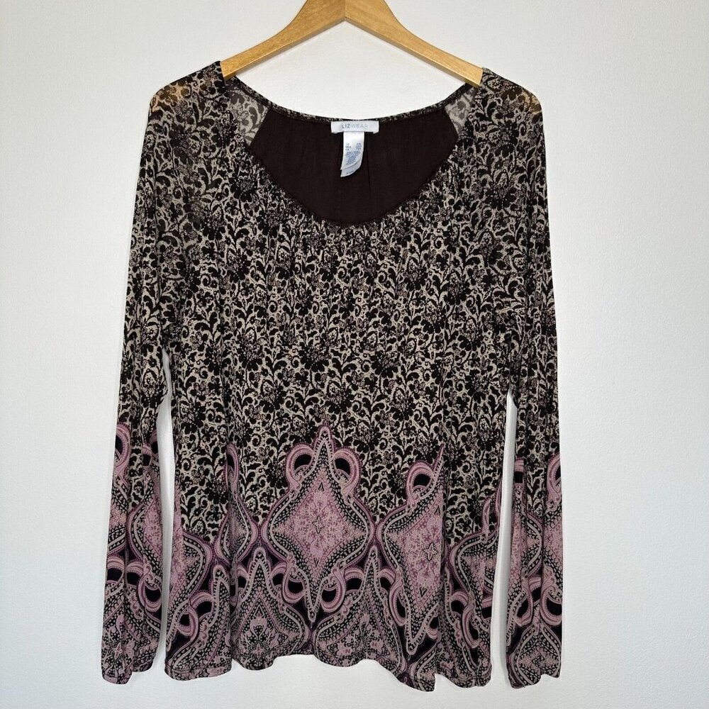 Y2K Mesh Floral Blouse Size 2XL Brown‎ Paisley